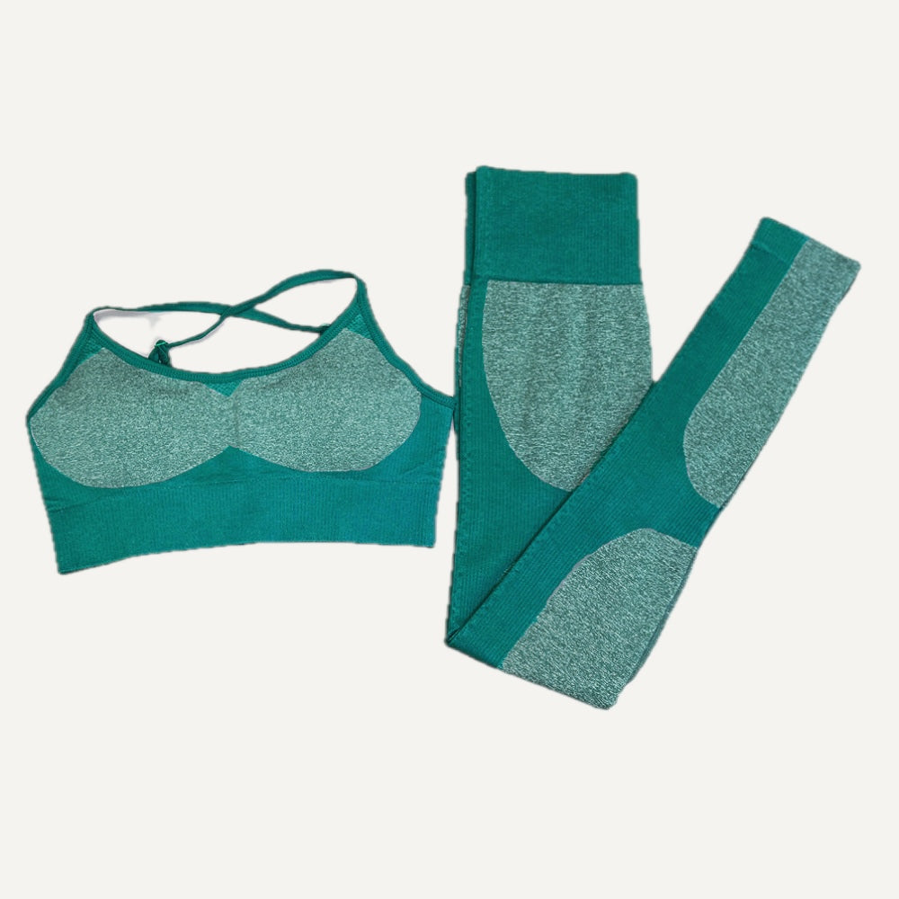 Cross-Strap Sports Bra and Panel Leggings Set - Teal