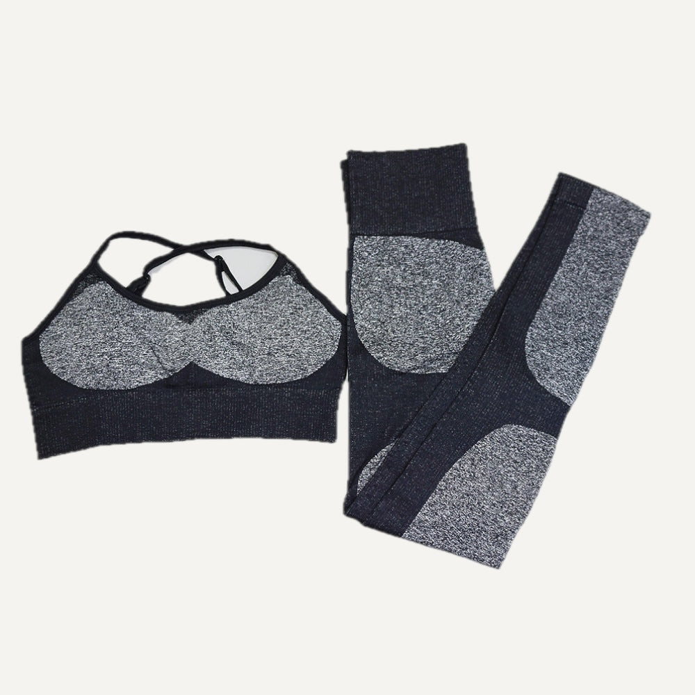 Cross-Strap Sports Bra and Panel Leggings Set - Black