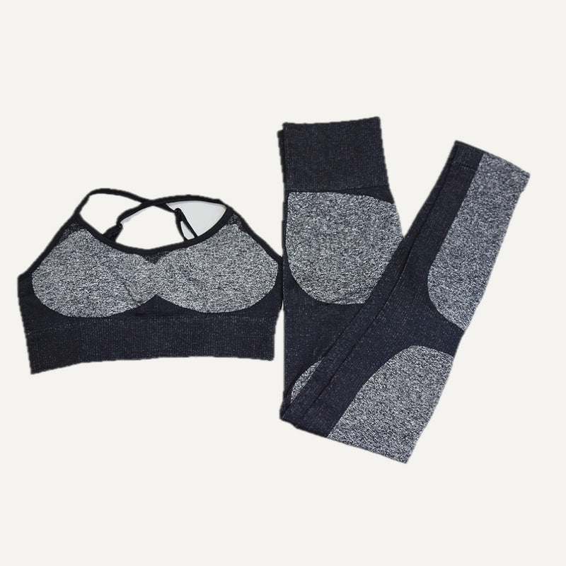 Cross-Strap Sports Bra and Panel Leggings Set - Black