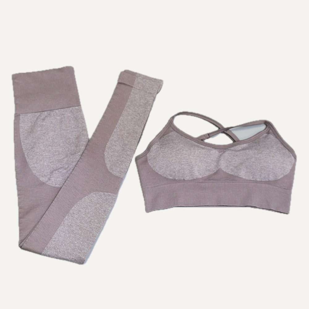 Cross-Strap Sports Bra and Panel Leggings Set - Taupe