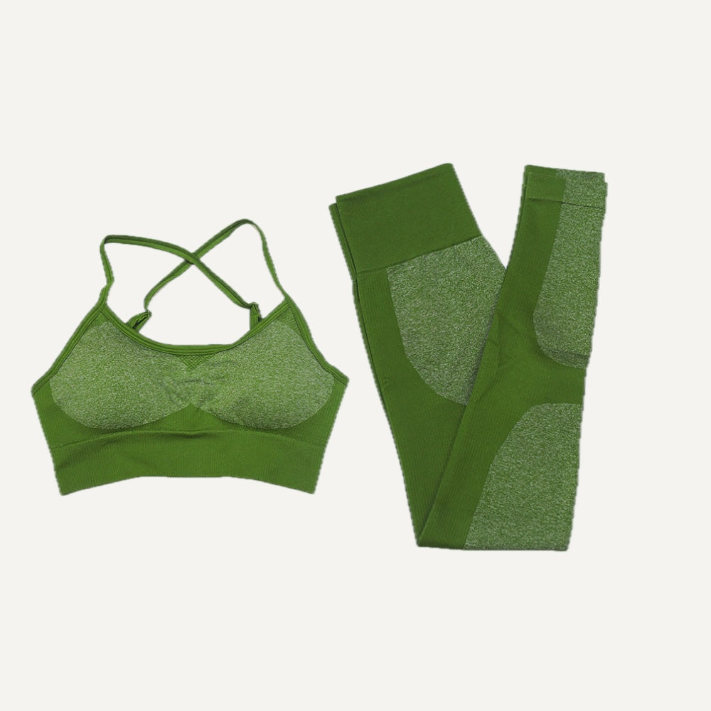 Cross-Strap Sports Bra and Panel Leggings Set - Olive
