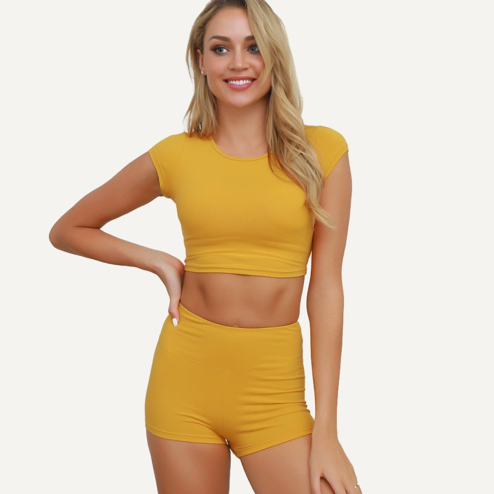 Short-Sleeve Crop Top and Fitted Shorts Set - Yellow