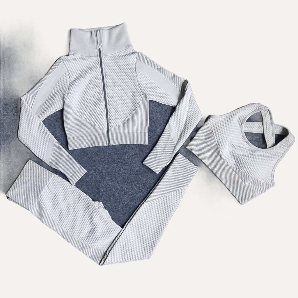 Three-Piece Colorblock Workout Set - Light Gray
