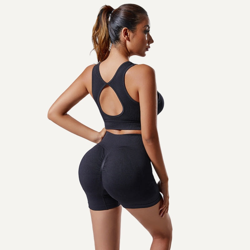 Racerback Sports Bra and Textured Shorts Set - Black