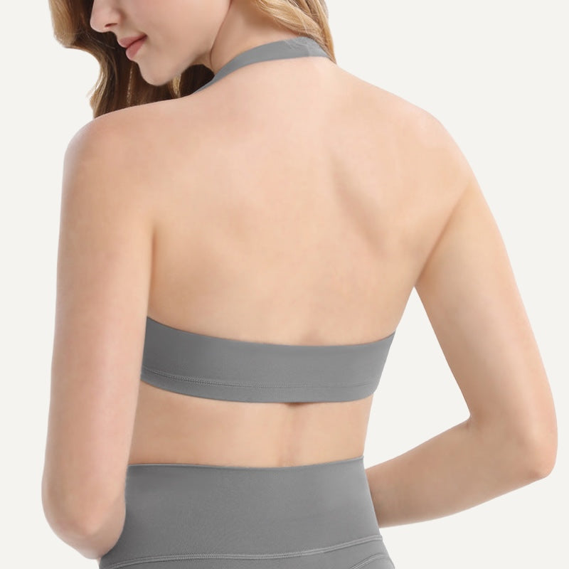 Halter Sports Bra with Gathered Front - Gray