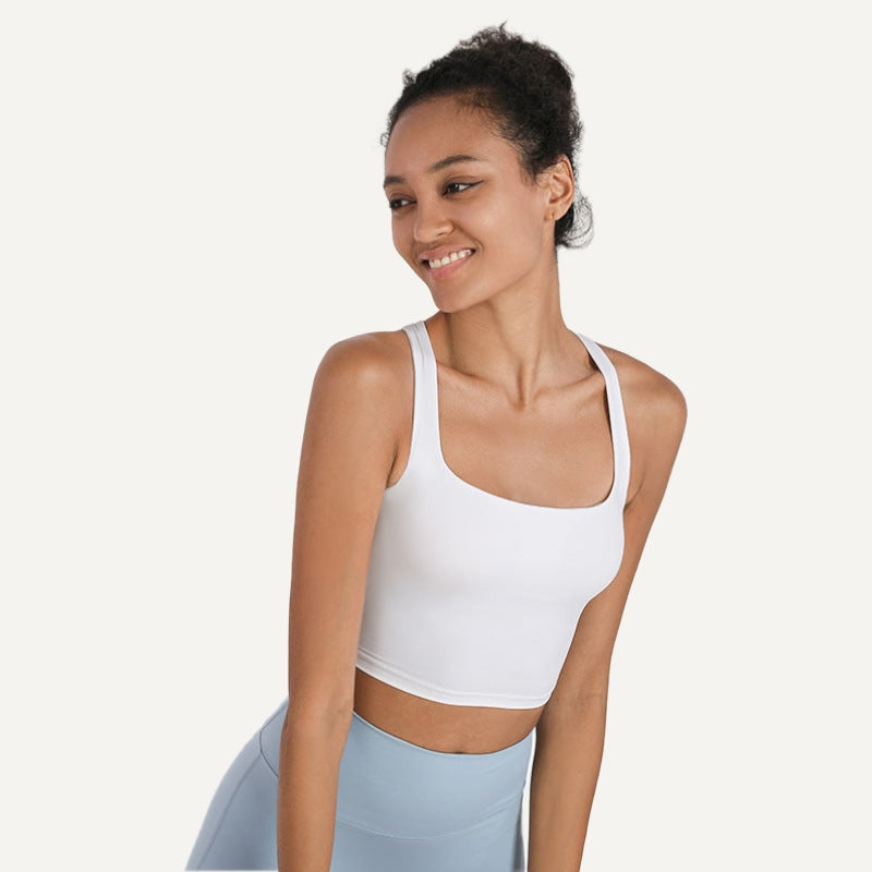 Cross-Back Crop Tank with Wide Straps - White