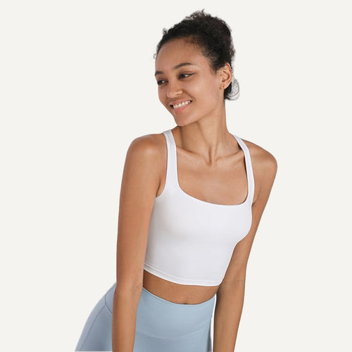 Cross-Back Crop Tank with Wide Straps - White