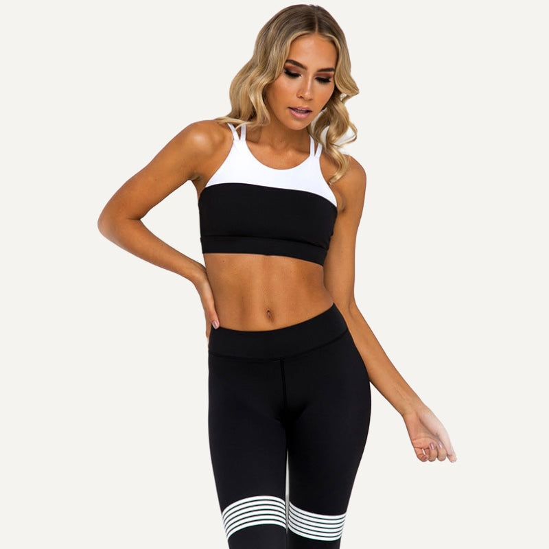 Colorblock Bra and Striped Leggings Set - Black White Set