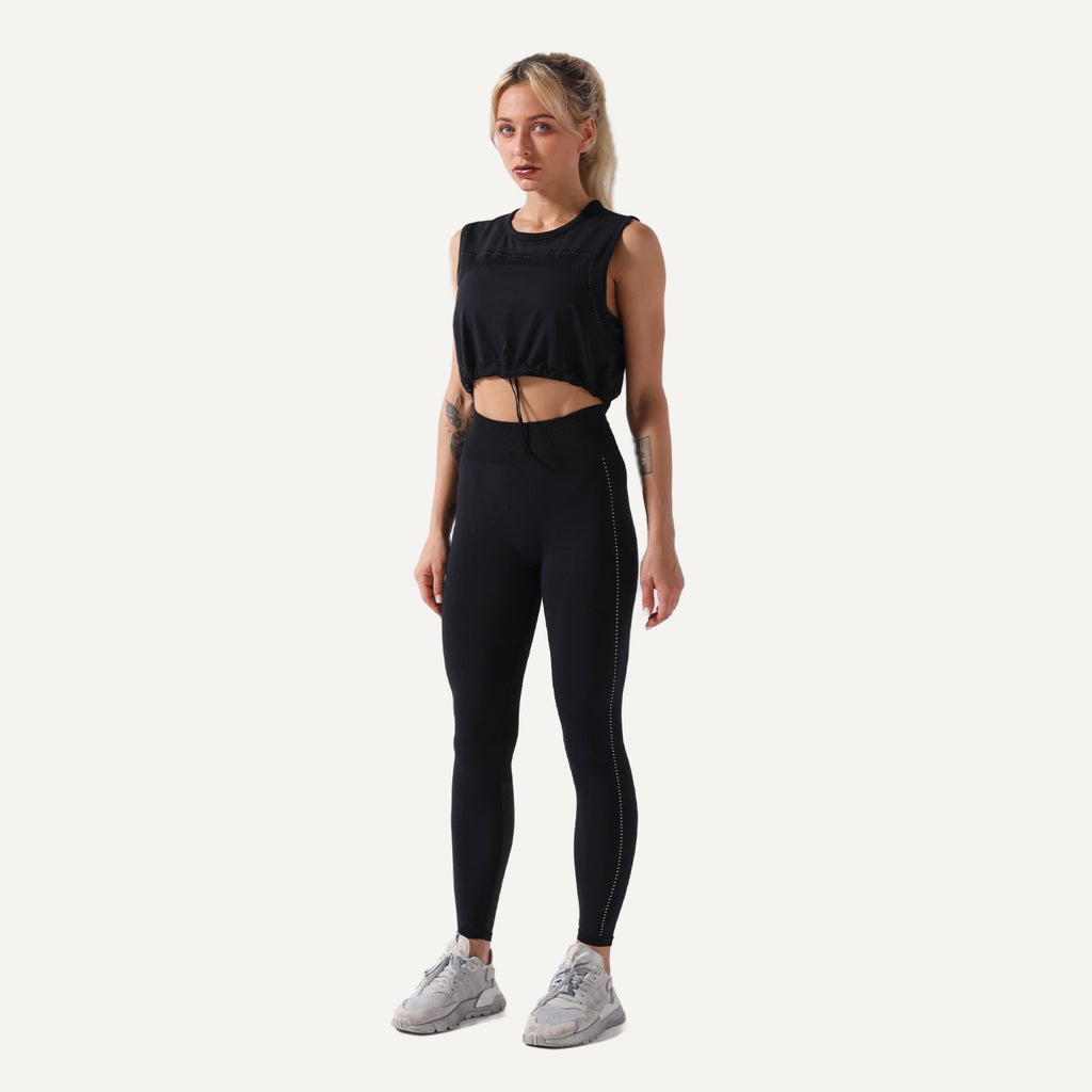 Drawstring Hem Crop Tank and Leggings Set - Black