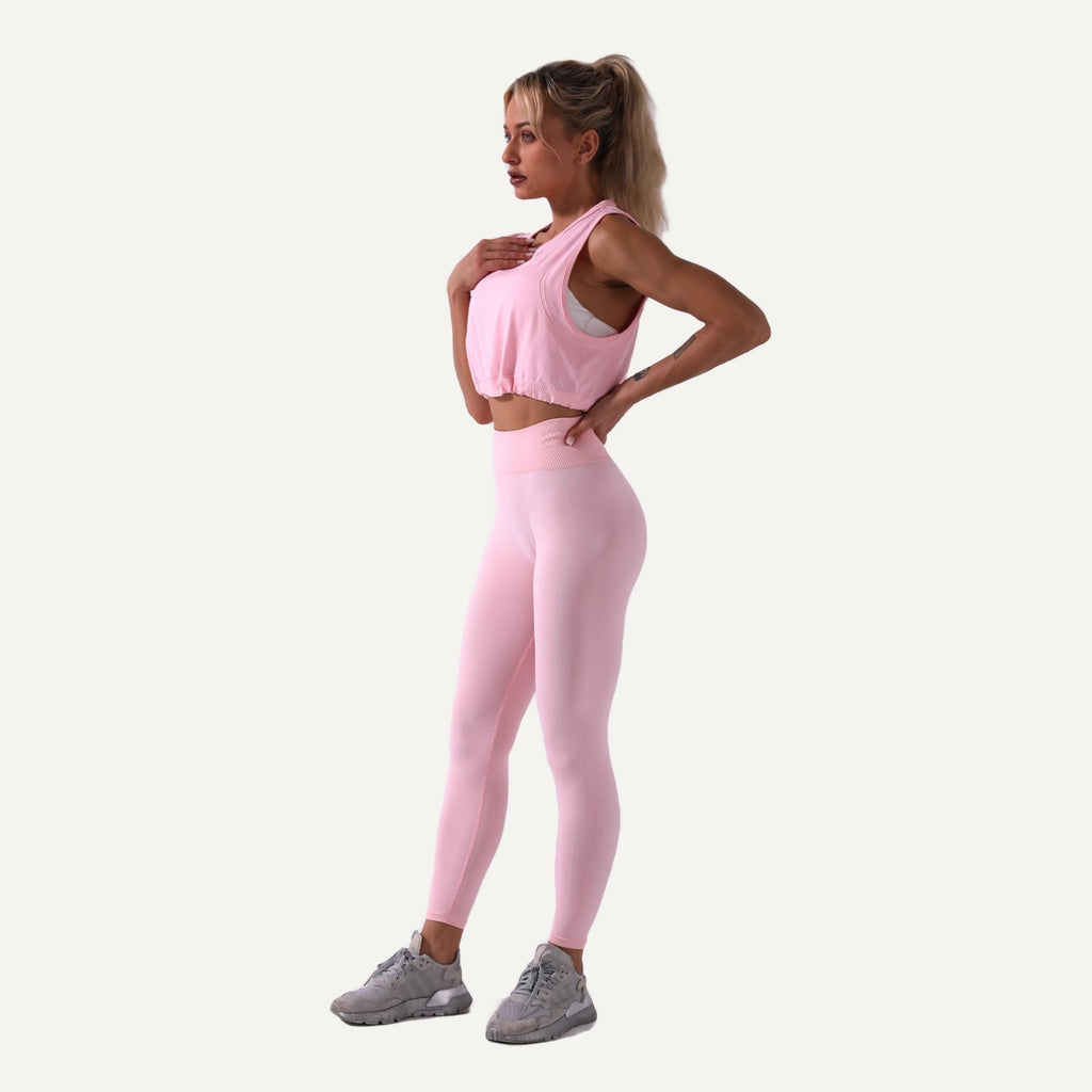 Drawstring Hem Crop Tank and Leggings Set - Pink