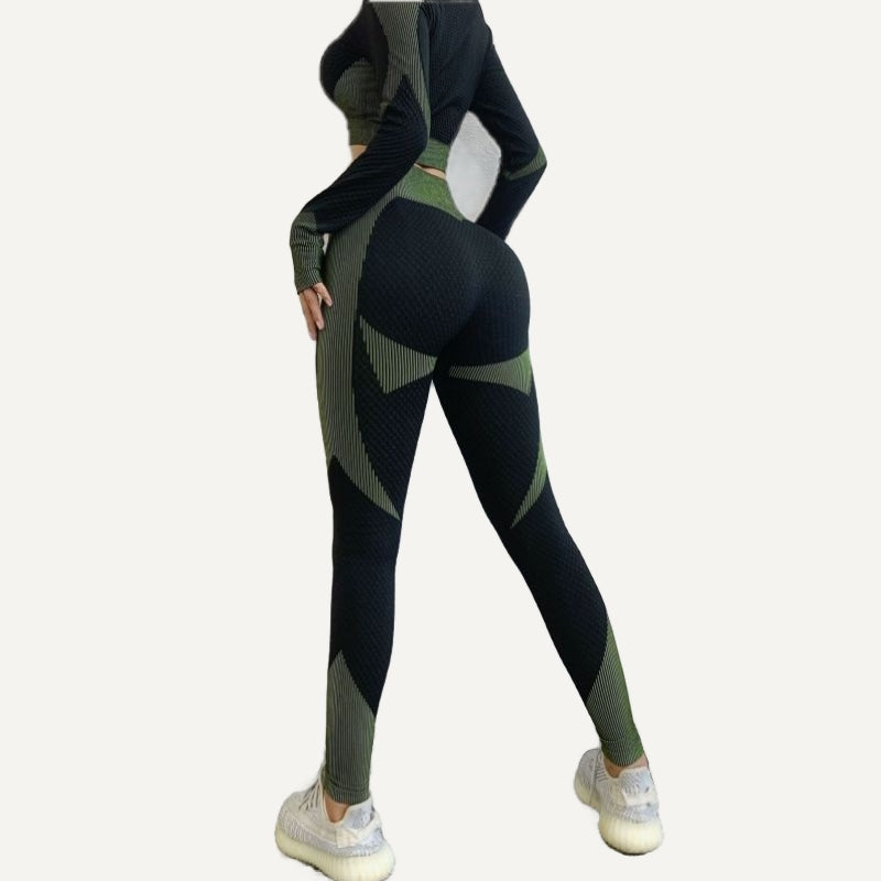 High-Waisted Leggings with Textured Panels - Black Olive Panels