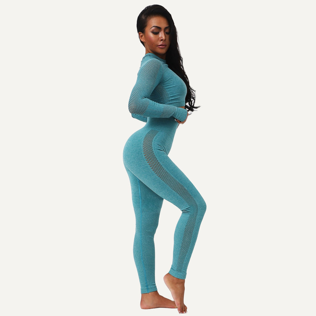 Long Sleeve Crop Top and Mesh Panel Leggings Set - Teal