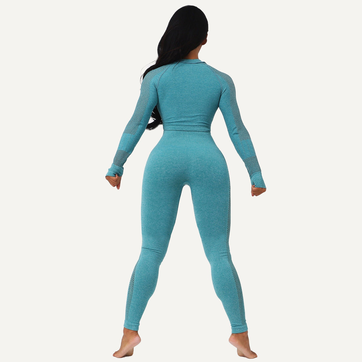 Long Sleeve Crop Top and Mesh Panel Leggings Set - Teal