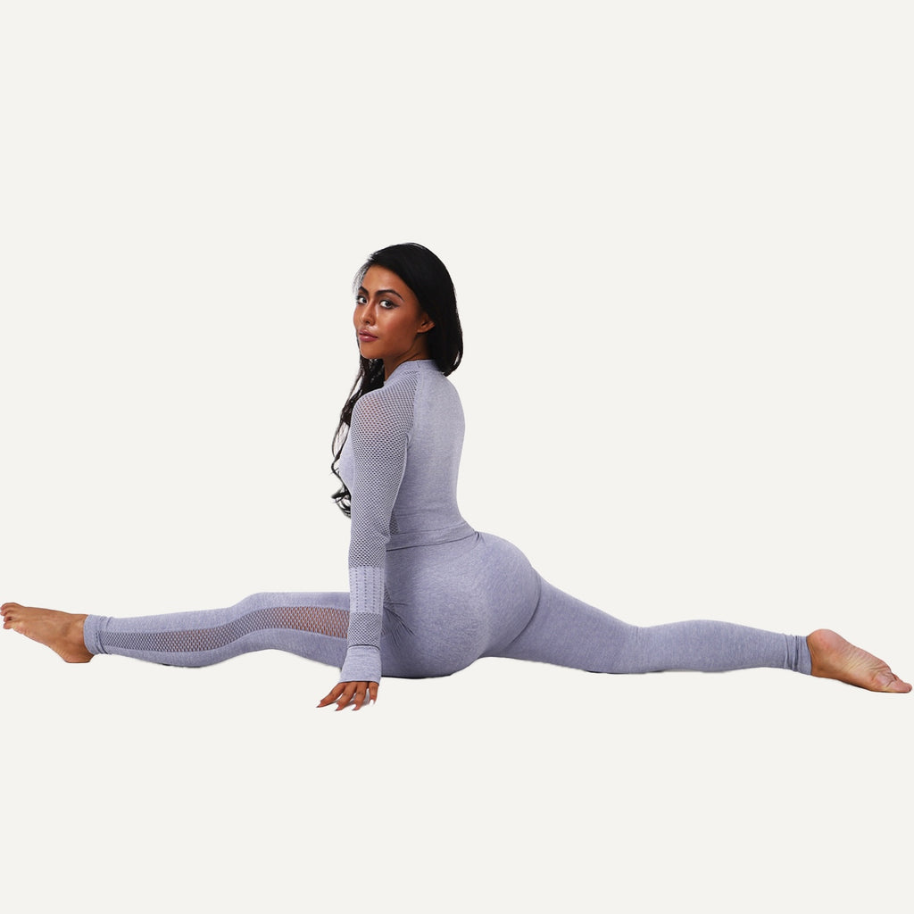 Long Sleeve Crop Top and Mesh Panel Leggings Set - Gray