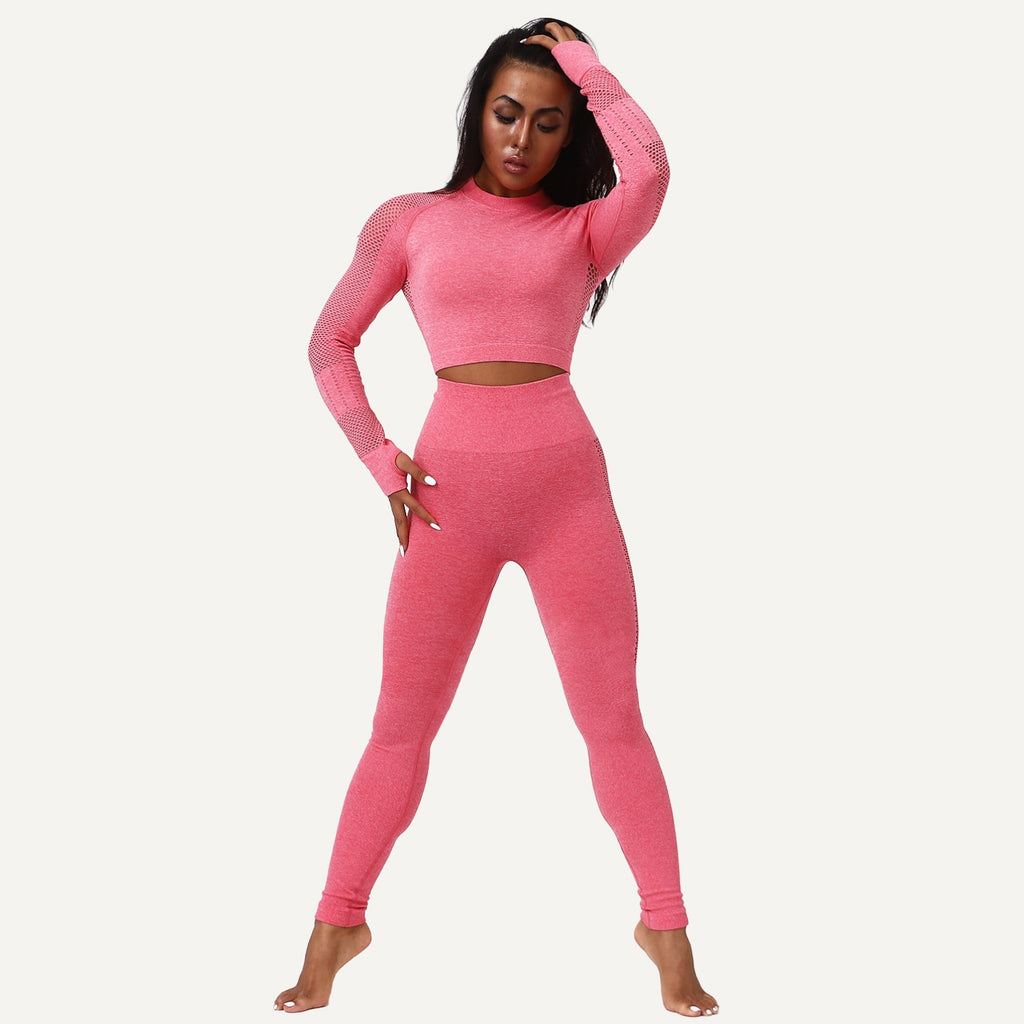 Long Sleeve Crop Top and Mesh Panel Leggings Set - Coral Pink