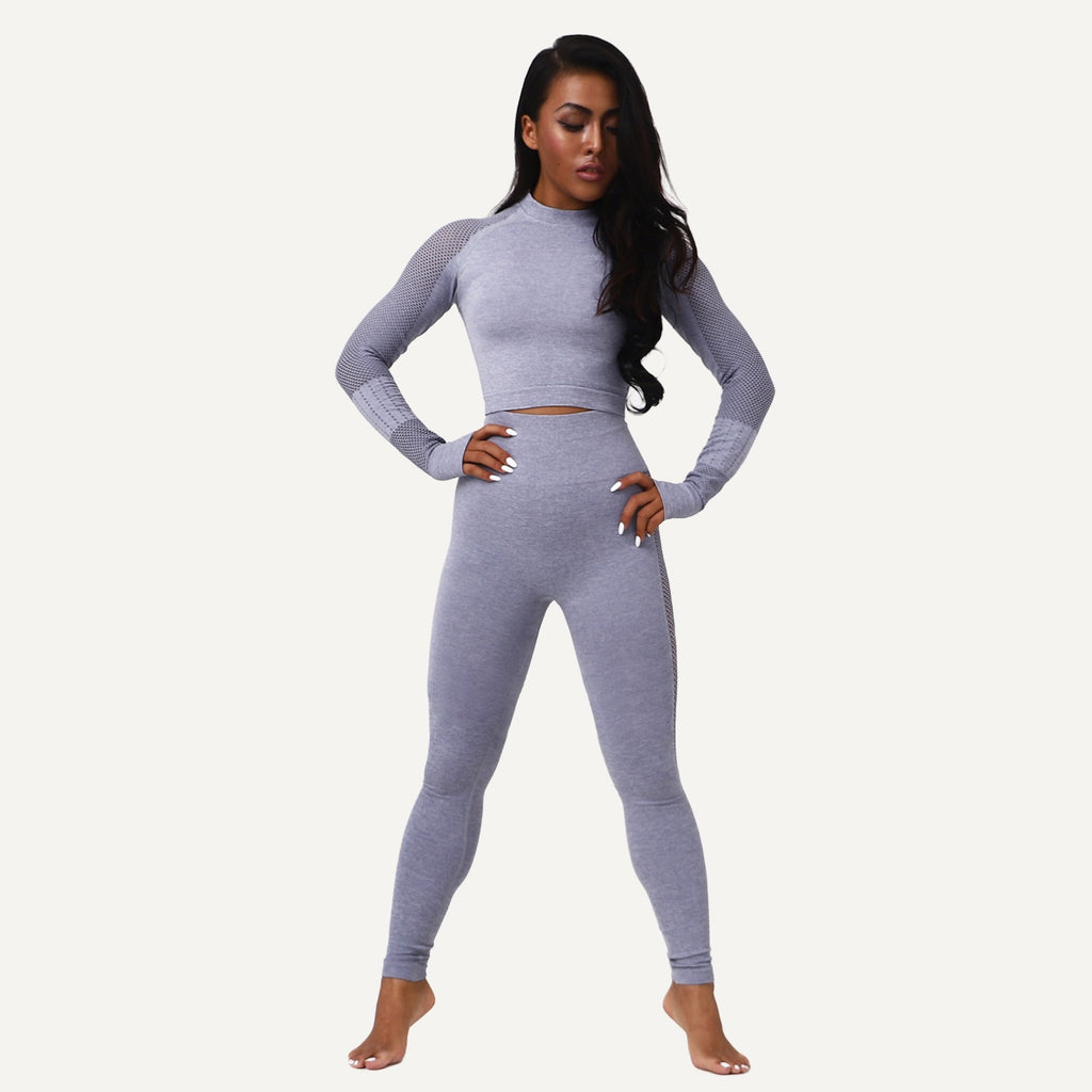 Long Sleeve Crop Top and Mesh Panel Leggings Set - Gray
