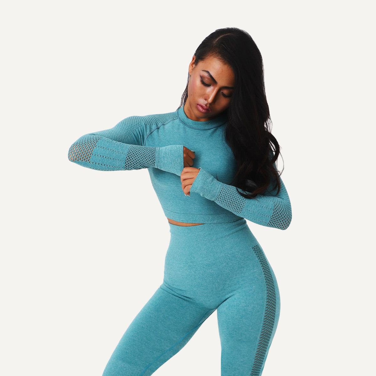 Long Sleeve Crop Top and Mesh Panel Leggings Set - Teal