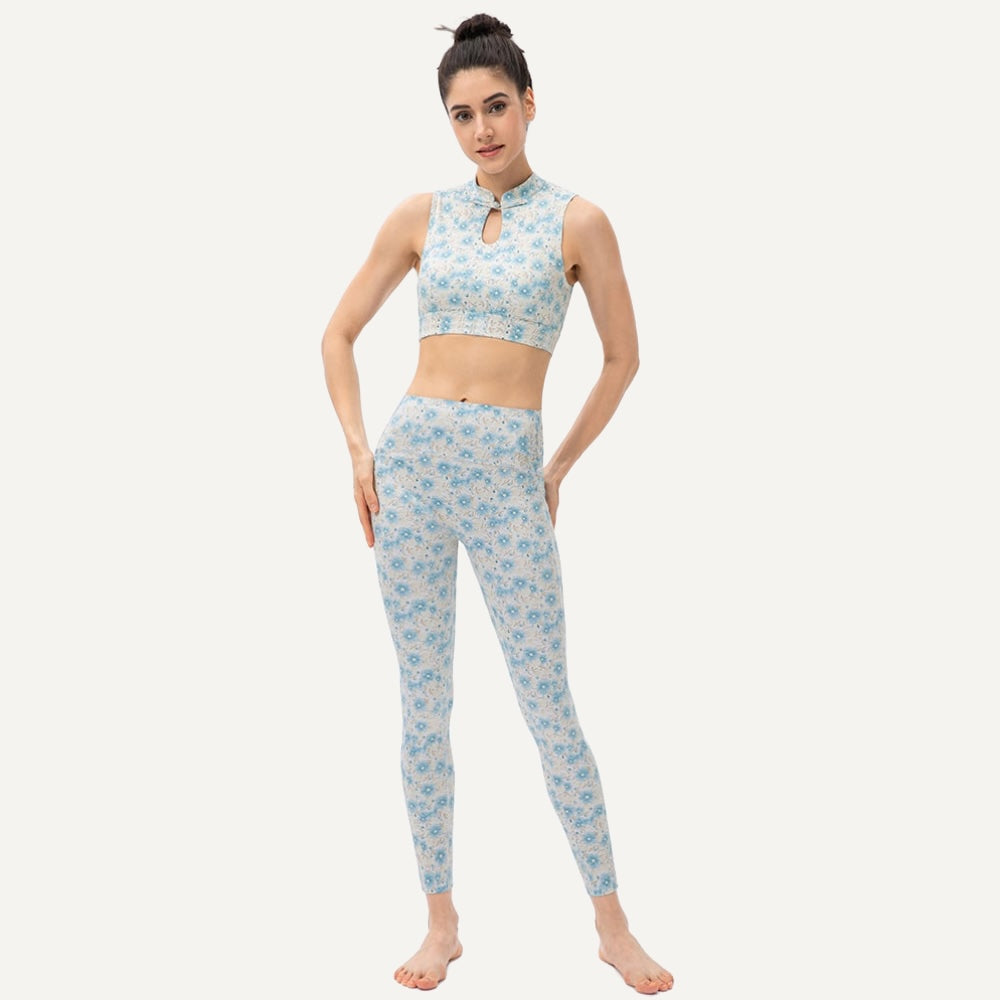Keyhole Mock Neck Crop Top and Leggings Set - Blue Floral