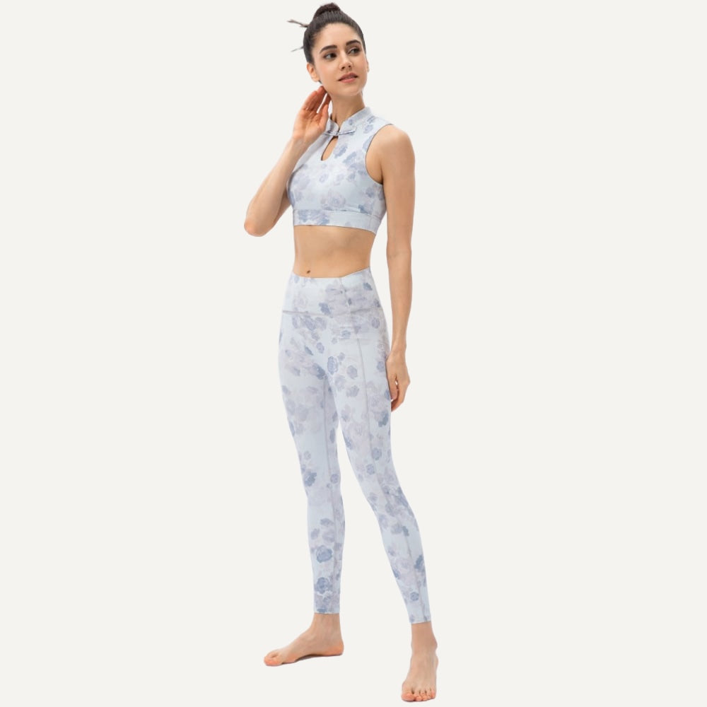 Keyhole Mock Neck Crop Top and Leggings Set - Lavender Floral