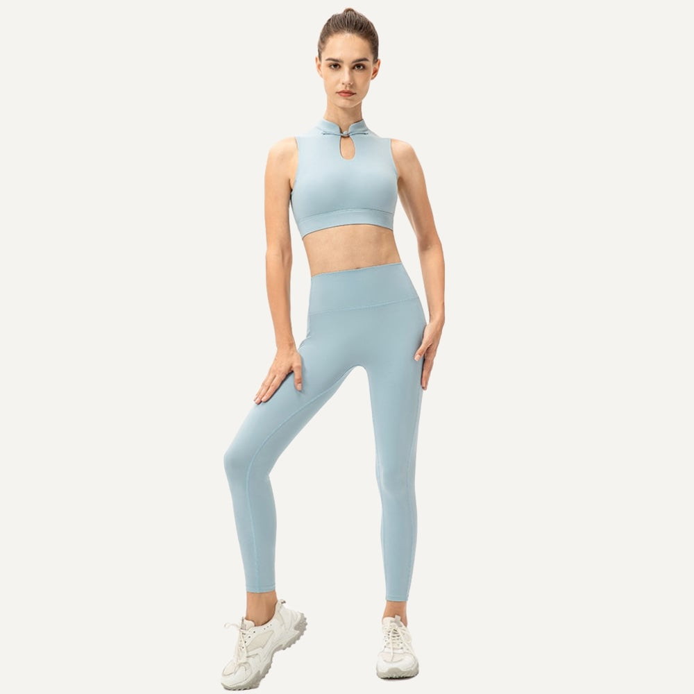 Keyhole Mock Neck Crop Top and Leggings Set - Light Blue