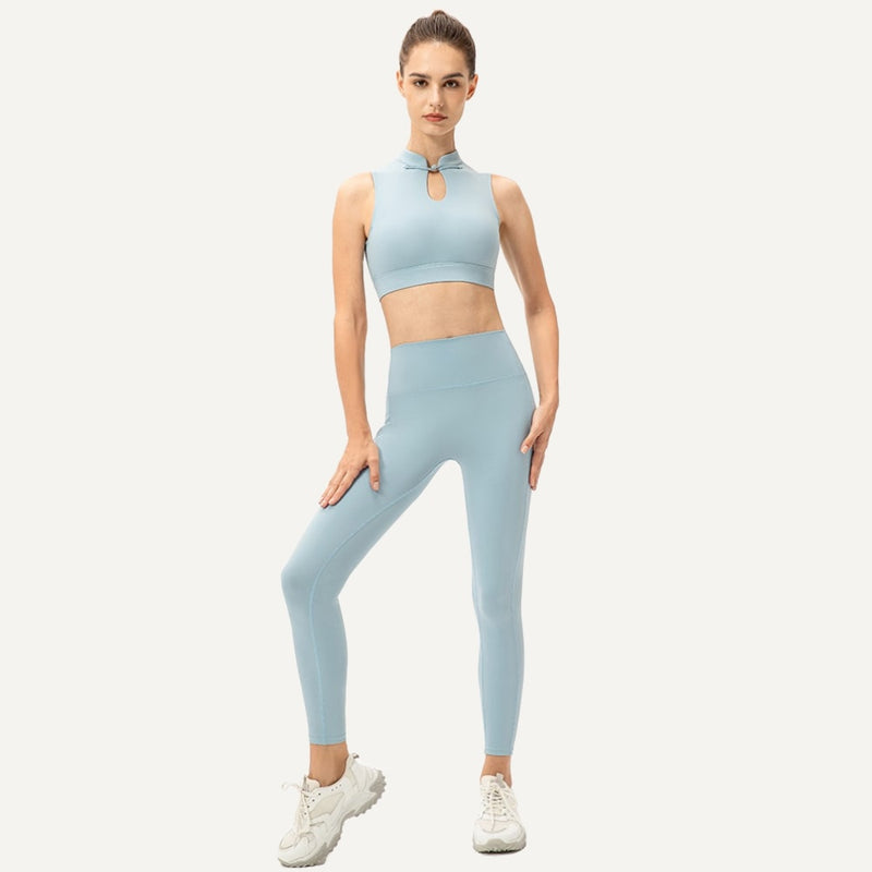 Keyhole Mock Neck Crop Top and Leggings Set - Light Blue