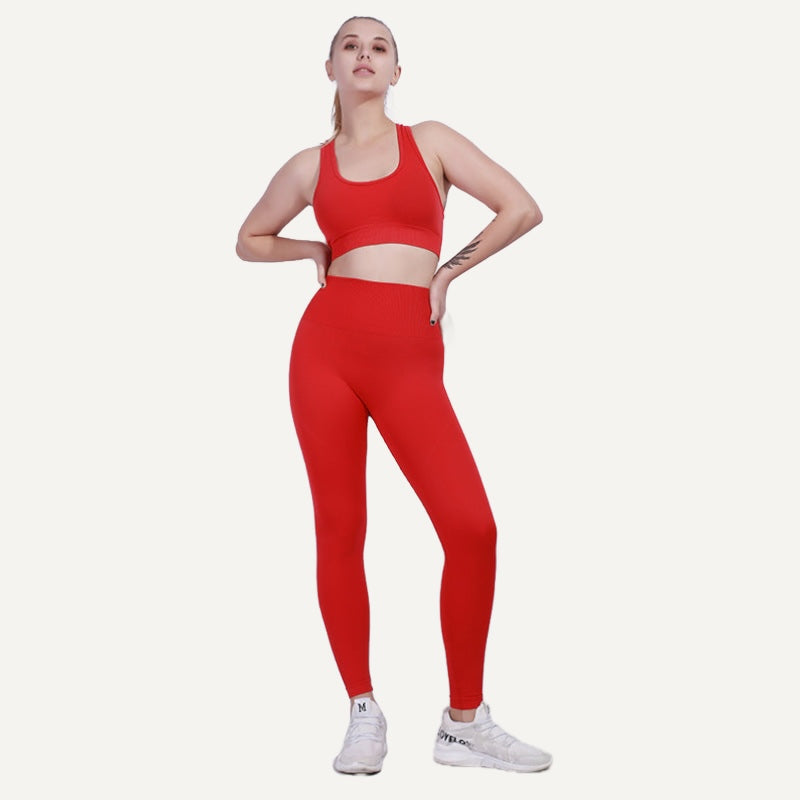 Racerback Bra and Leggings Set with Back Clasp - Red