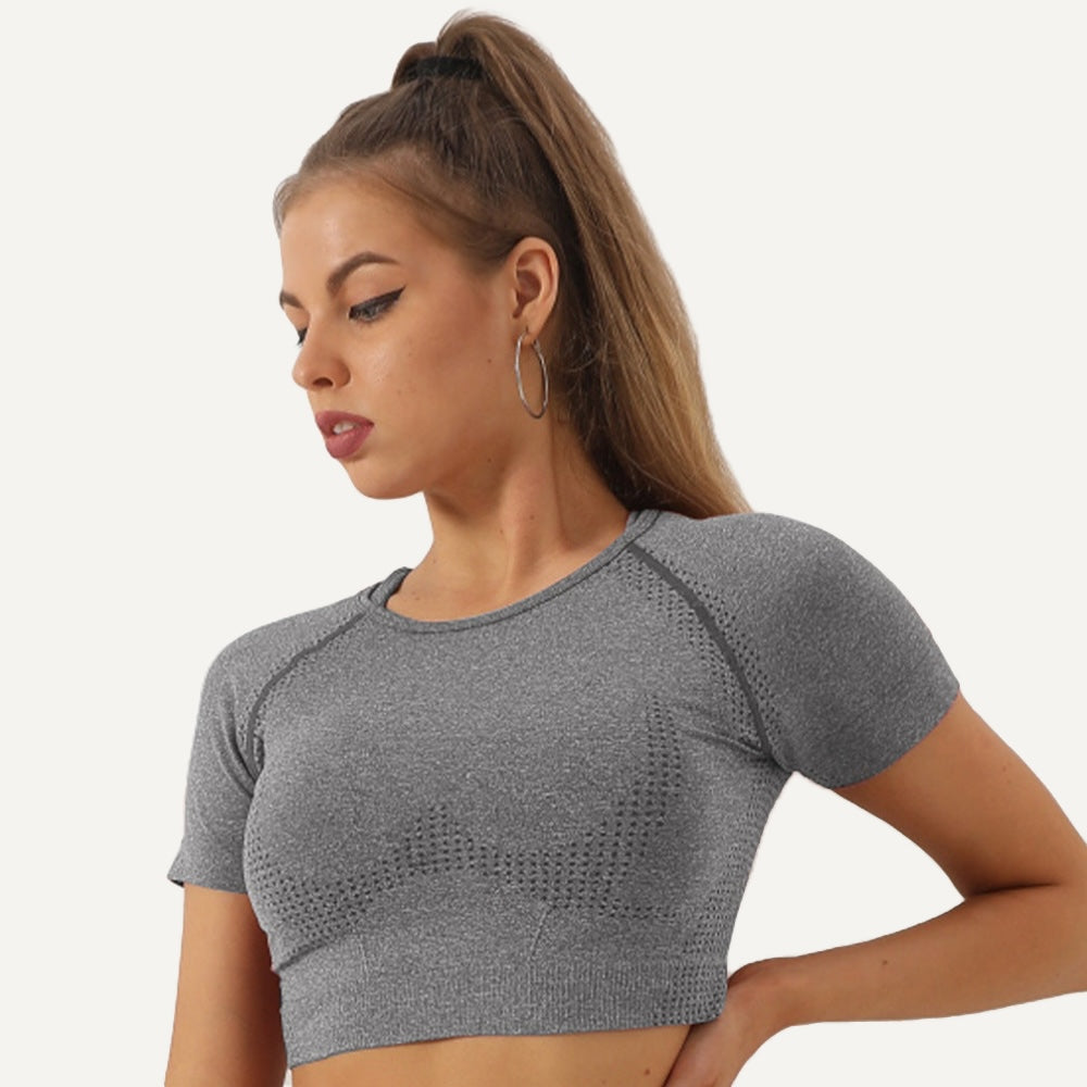 Short Sleeve Crop Top with Textured Panels - Gray