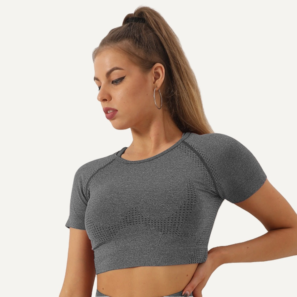 Short Sleeve Crop Top with Textured Panels - Charcoal
