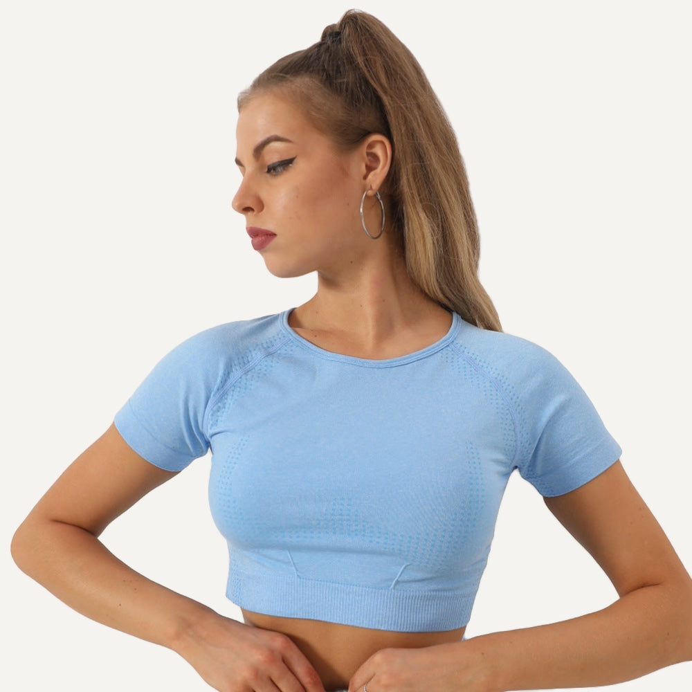 Short Sleeve Crop Top with Textured Panels - Light Blue