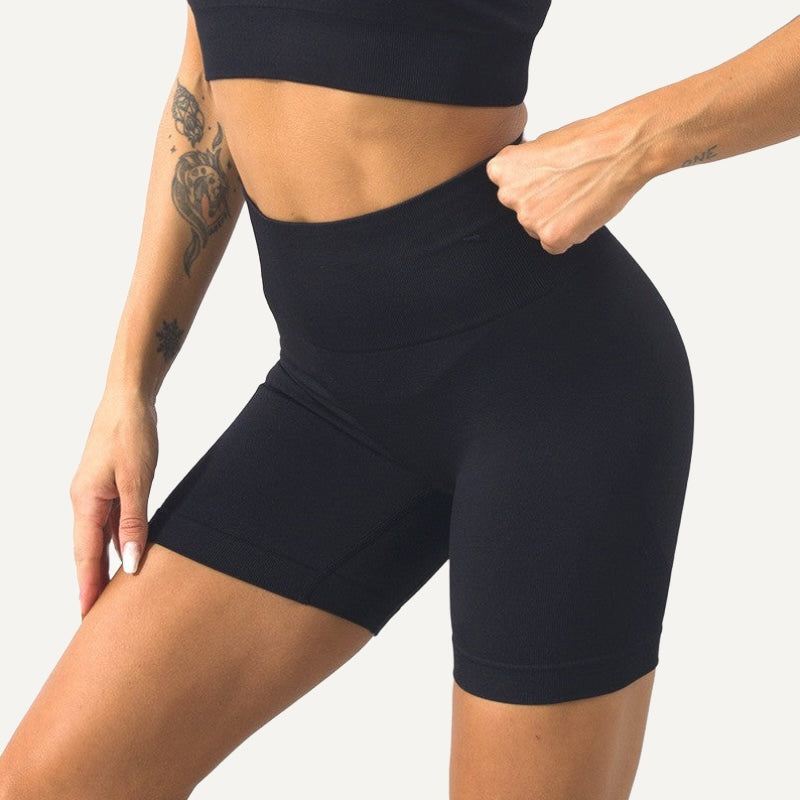 High-Waisted Knit Workout Shorts - Black