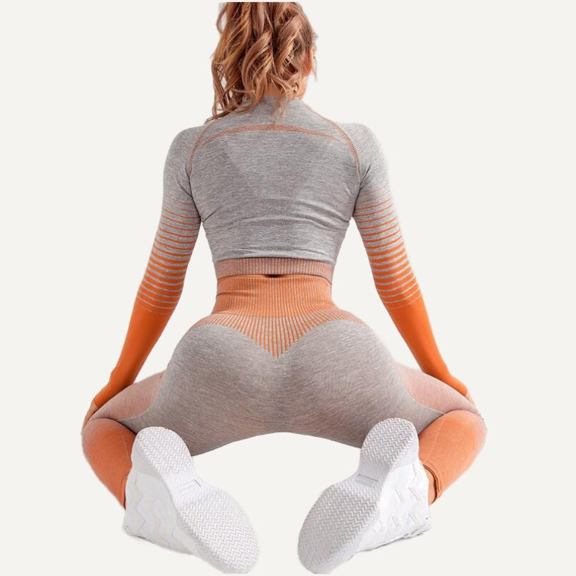 Contrast-Panel Long Sleeve Top and Cropped Leggings Set - Gray Orange