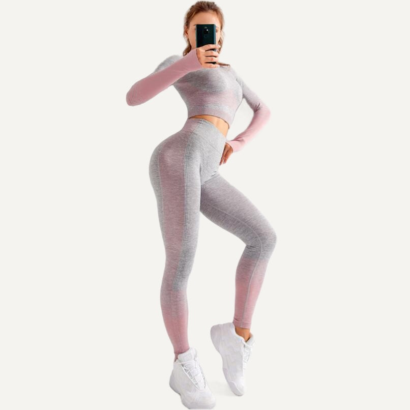 Contrast-Panel Long Sleeve Top and Cropped Leggings Set - Gray Mauve