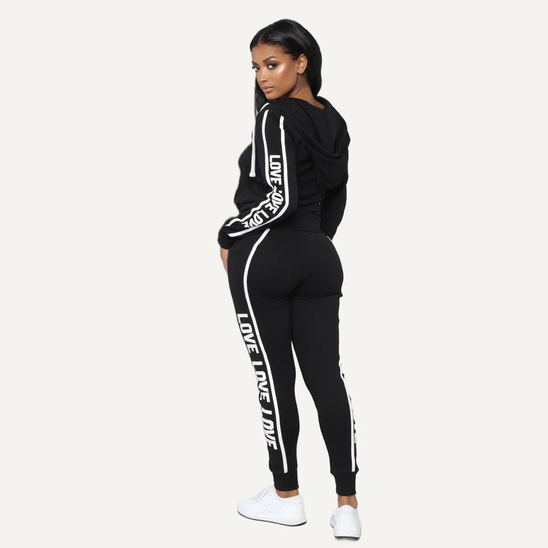 Letter-Print Zip Hoodie and Joggers Set - Black