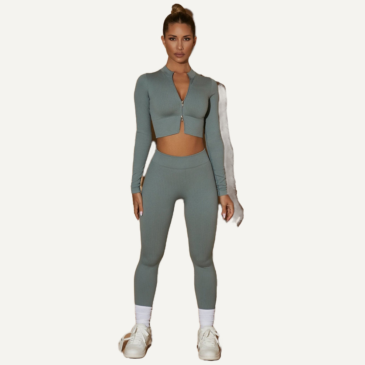 Ribbed Zip-Up Crop Top and Leggings Set - Blue Gray