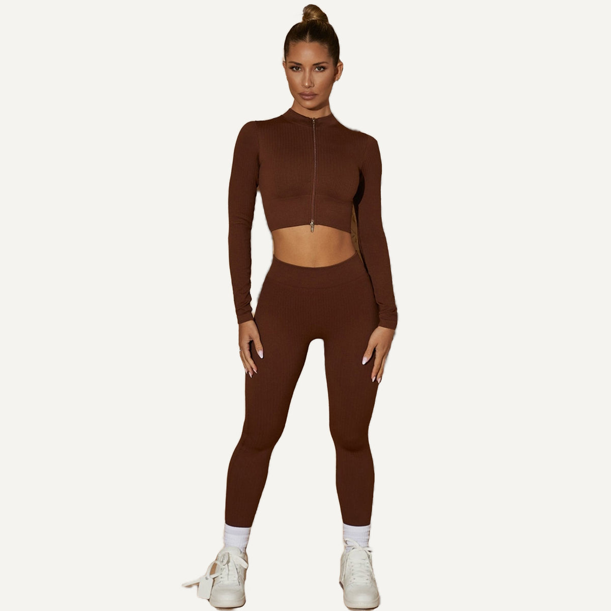 Ribbed Zip-Up Crop Top and Leggings Set - Brown