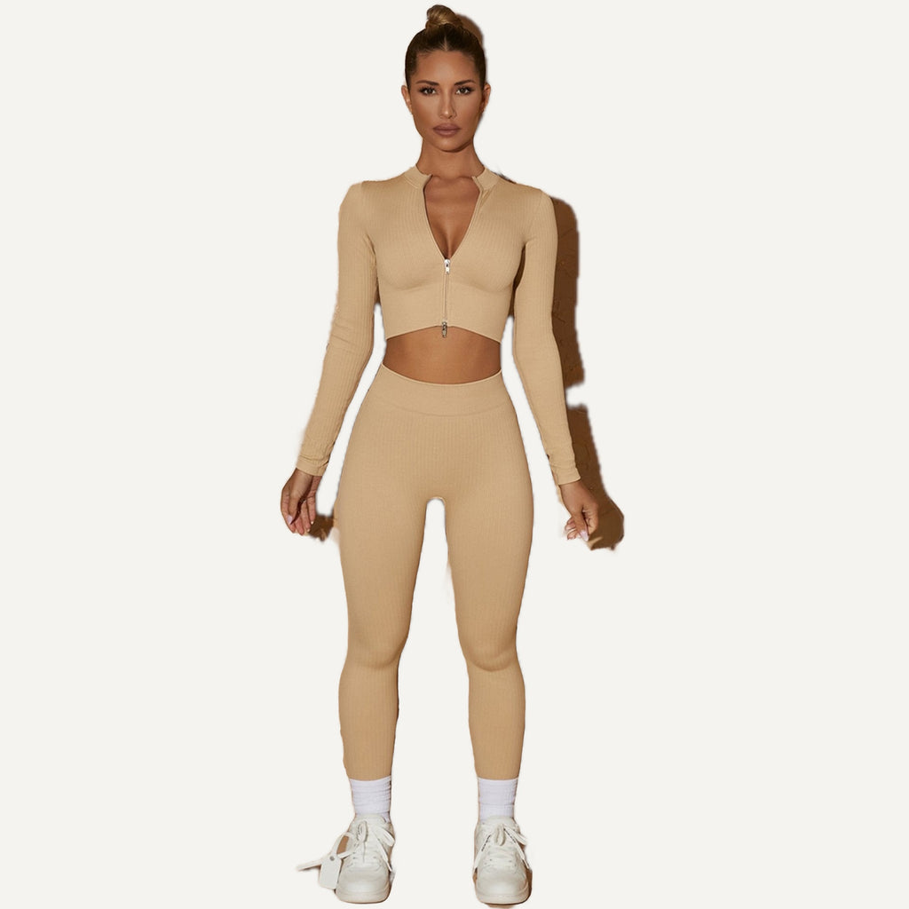Ribbed Zip-Up Crop Top and Leggings Set - Sand