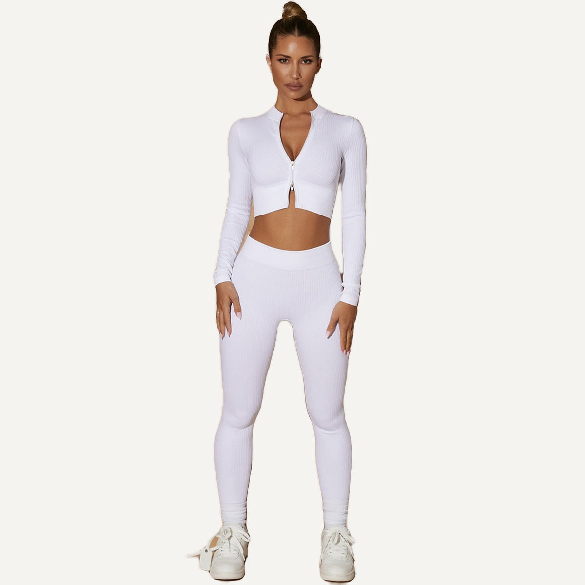 Ribbed Zip-Up Crop Top and Leggings Set - White