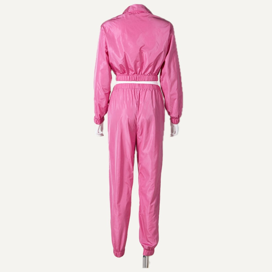 Zip-Up Track Jacket and Pants Set with Contrast Piping - Pink