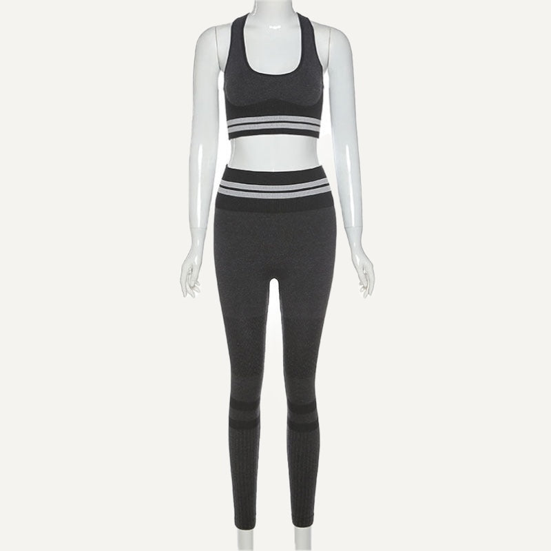 Striped-Waist Sports Bra and Knit Leggings Set - Black