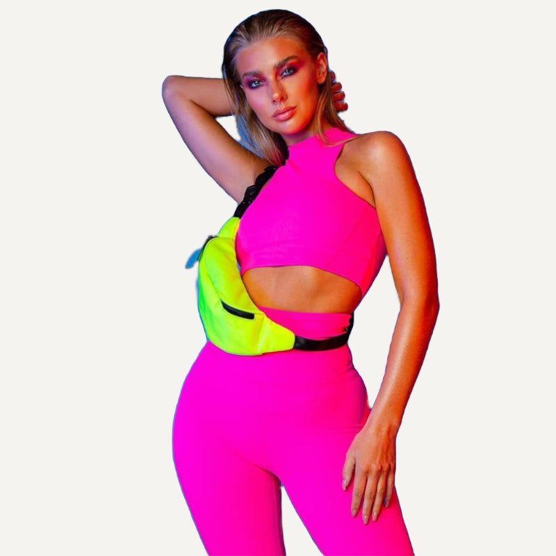 High-Neck Cutout Crop Tank and Leggings Set - Pink
