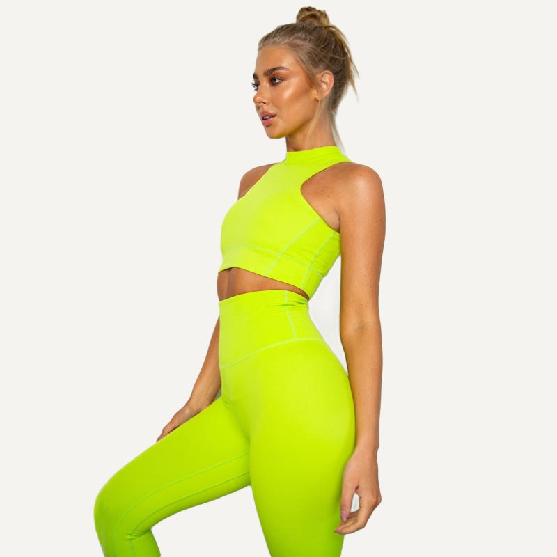 High-Neck Cutout Crop Tank and Leggings Set - Neon Green