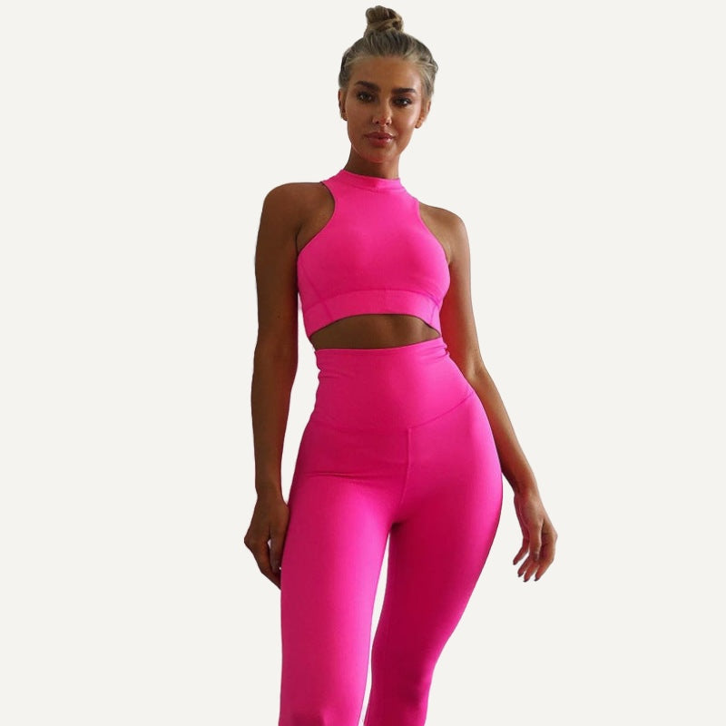 High-Neck Cutout Crop Tank and Leggings Set - Pink