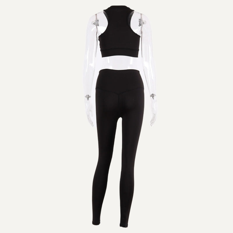 High-Neck Cutout Crop Tank and Leggings Set - Black