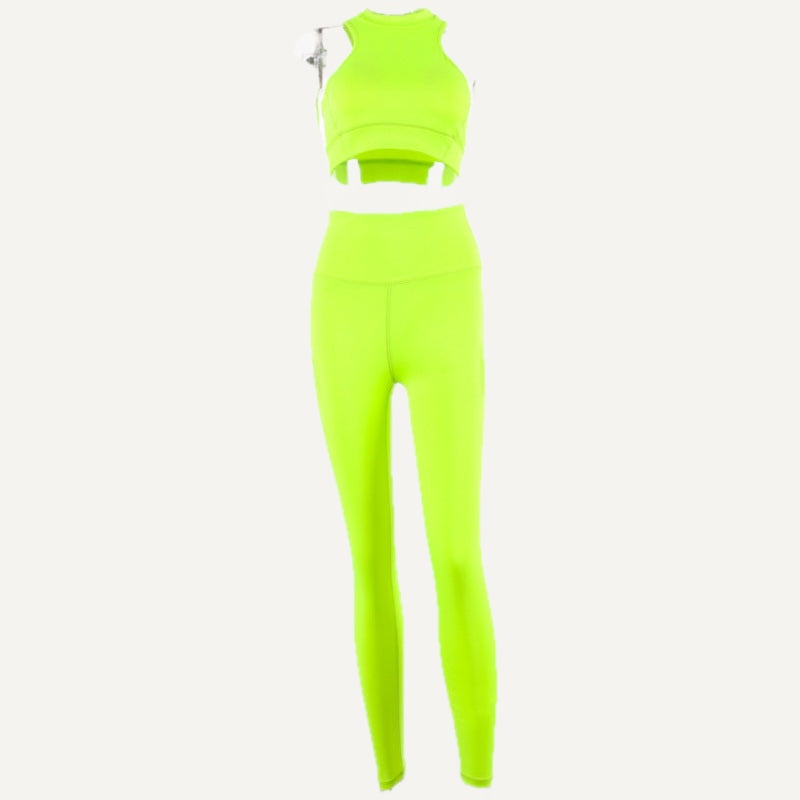 High-Neck Cutout Crop Tank and Leggings Set - Neon Green