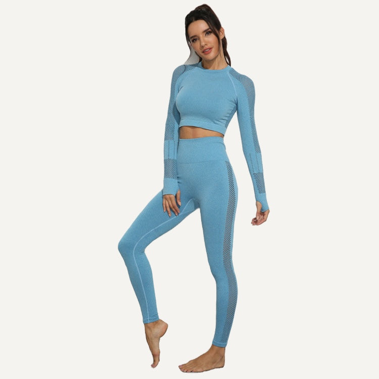 Panelled Long Sleeve Crop Top and Leggings Set - Blue