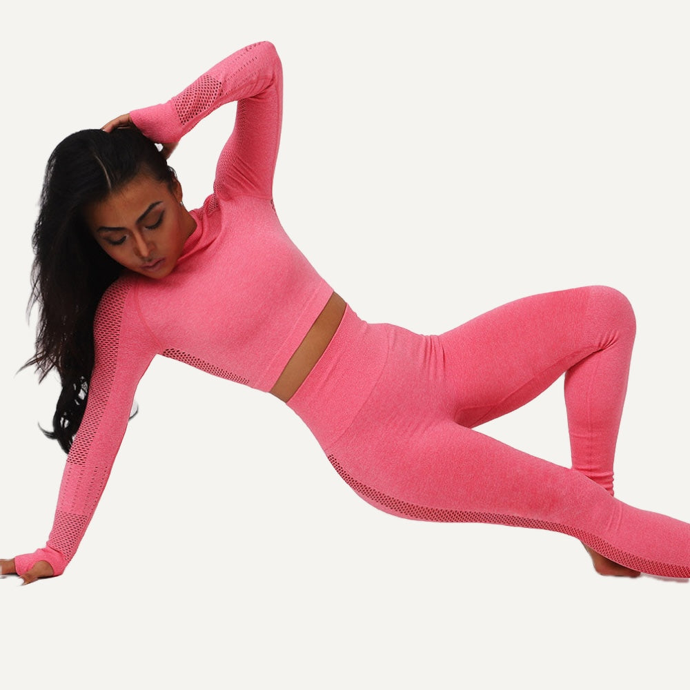 Panelled Long Sleeve Crop Top and Leggings Set - Pink