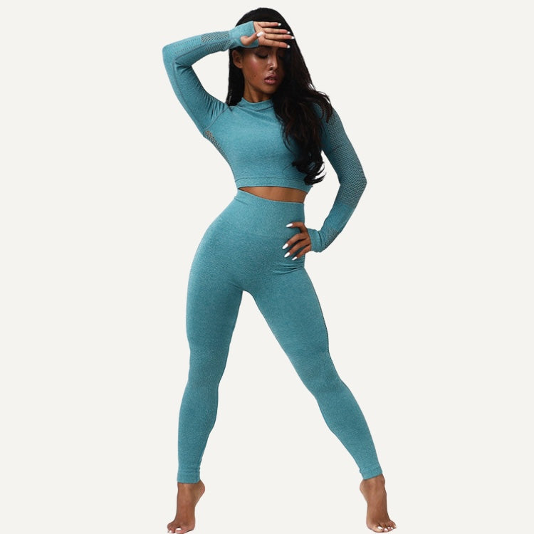 Panelled Long Sleeve Crop Top and Leggings Set - Teal