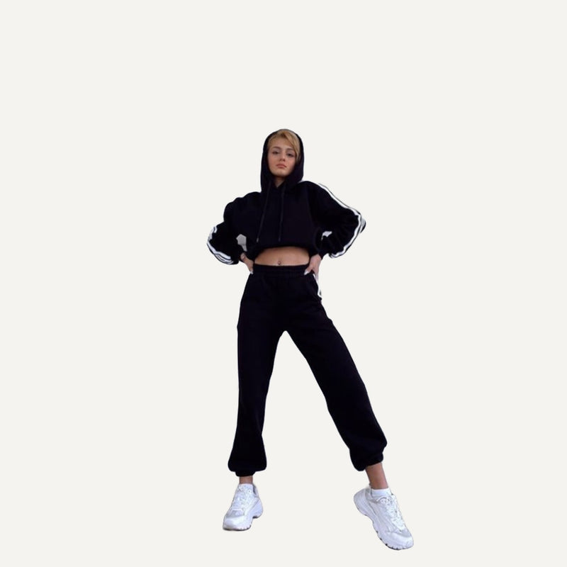 Striped-Sleeve Zip Hoodie and Joggers Set - Black