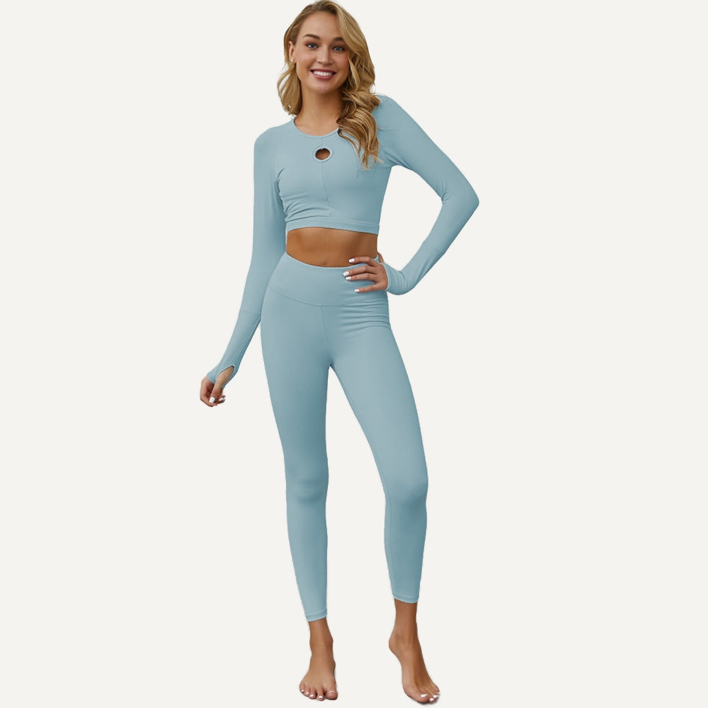 Keyhole Long Sleeve Crop Top and Leggings Set - Dusty Teal