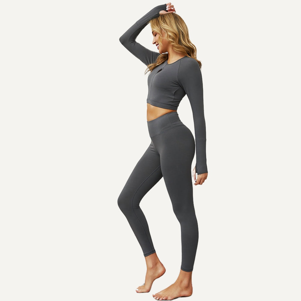 Keyhole Long Sleeve Crop Top and Leggings Set - Charcoal